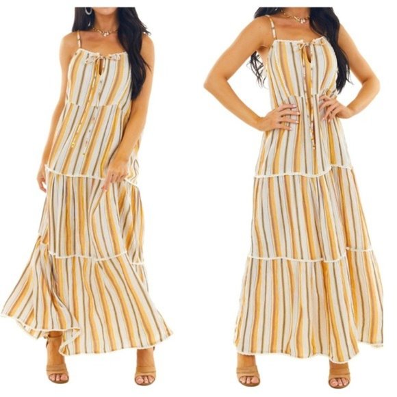 Yellow Striped Crochet Tiered Maxi Dress - Picture 2 of 6